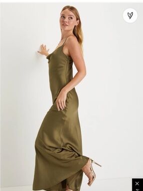 Lulu's Olive Satin Slip Maxi Dress